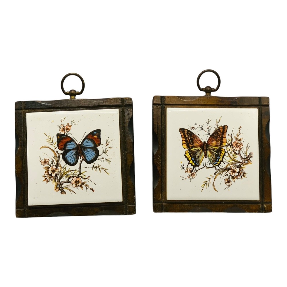 Pair Of Vintage Jerry Schultz Wood w/Ceramic Tile Butterfly Wall Hanging Trivets